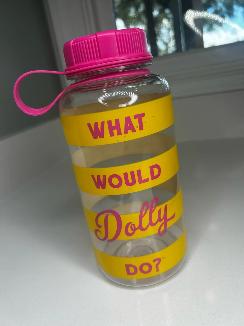 NWT Dolly Parton what would Dolly do Yellow & Pink Striped Water Bottle